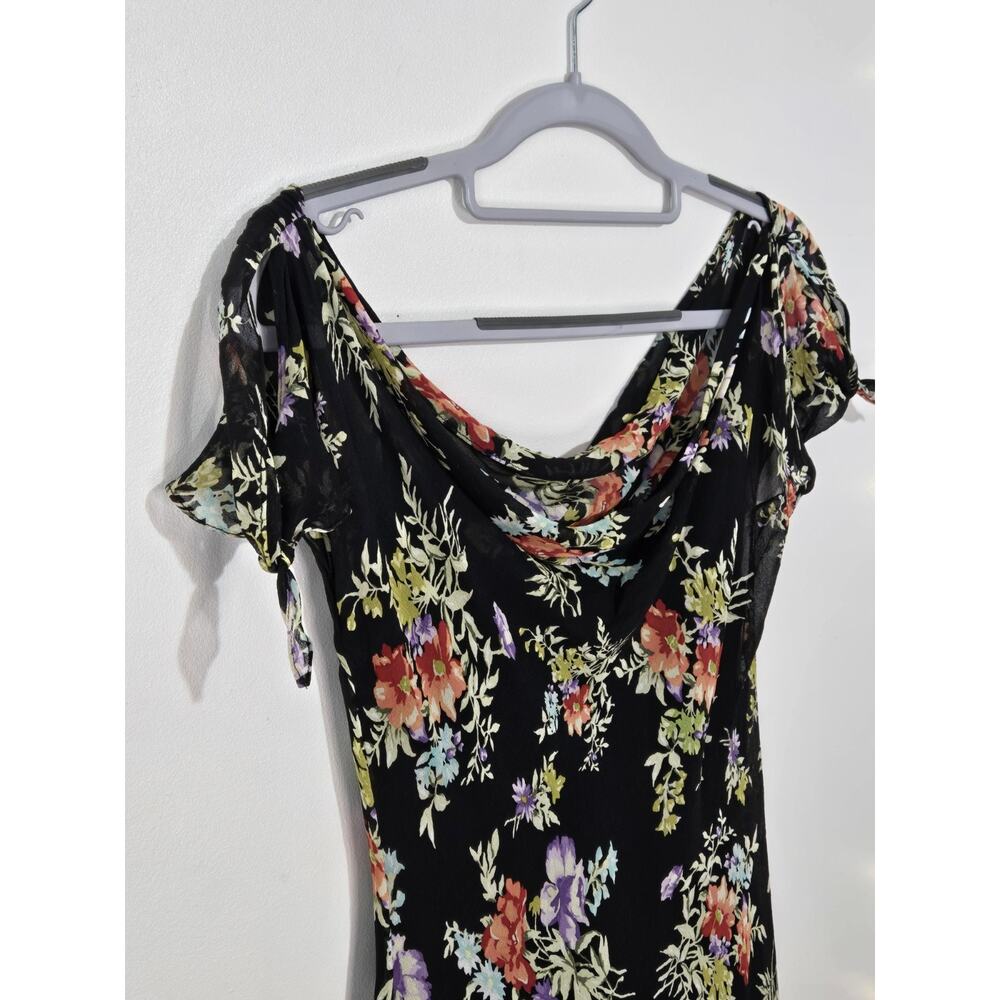 VINTAGE Y2K JONES NEW YORK Dark Floral Tie Cap Sleeve Chiffon Midi Dress Size 4 - Picture 5 of 9